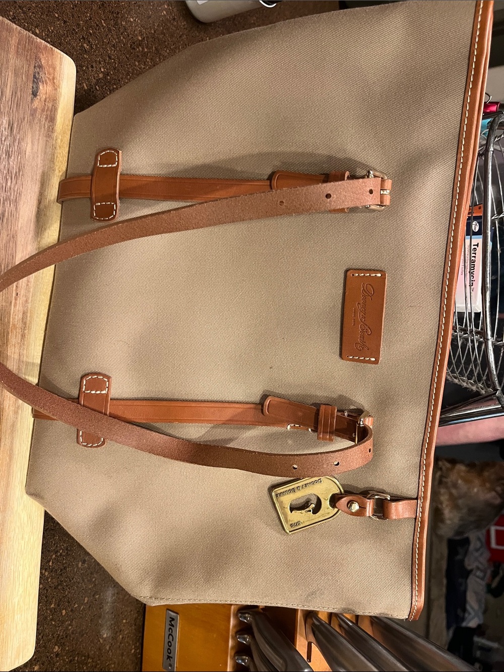 Canvas Tote with Tan Leather Trim and Adjustable Straps